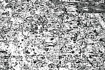 Grunge texture of old peeling paint on a wooden surface. Monochrome background of chaotic damage, spots, streaks, noise and graininess. Overlay template. Vector illustration