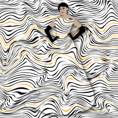 The striped pattern on a woman's gown blends with the background.