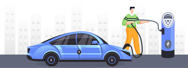 Illustration Of Man Charging Electric Car At Power Station On City View Background. Header Or Banner Design.