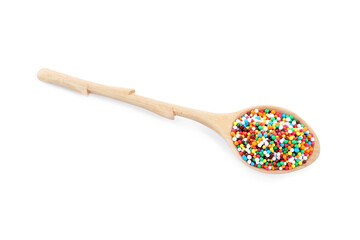 Colorful sprinkles in spoon on white background. Confectionery decor
