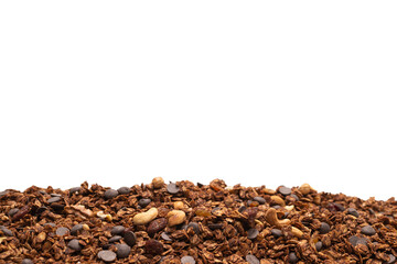 Chocolate granola cereal with nuts background.