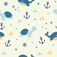 Sea animals seamless pattern with cute turtle and whale