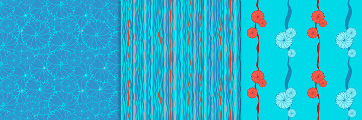 A set of seamless floral patterns for fabrics, wrapping paper, wallpaper. A harmonious combination of colors and drawing. Vector illustration.