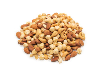 Mix of nuts isolated on white background. Top view.