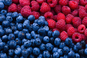 Blueberries and raspberries background.