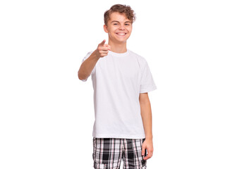 Handsome teen boy laughing looking very happy, isolated on white background