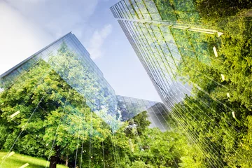 Fotobehang groene stad - dubbele belichting van weelderig groen bos en moderne wolkenkrabbers © Melinda Nagy