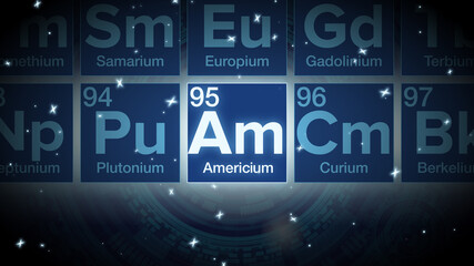 Close up of the Americium symbol in the periodic table, tech space environment.