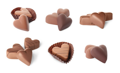 Set with delicious heart shaped chocolate candies on white background
