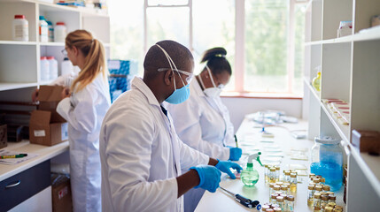 Technicians working together with samples in a lab