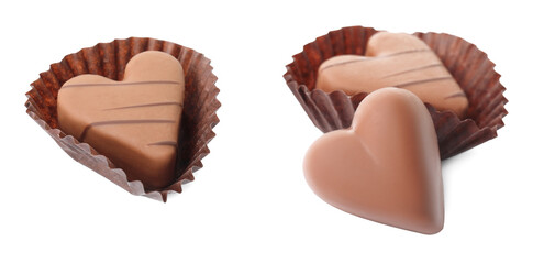 Delicious heart shaped chocolate candies on white background, banner design