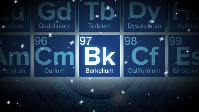 Close up of the Berkelium symbol in the periodic table, tech space environment.