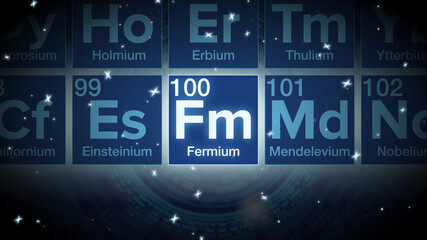Close up of the Fermium symbol in the periodic table, tech space environment.