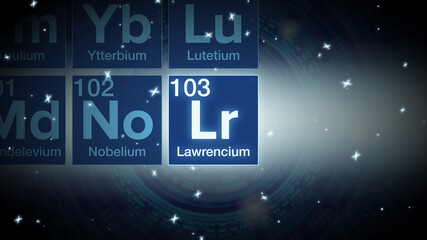 Close up of the Lawrencium symbol in the periodic table, tech space environment.