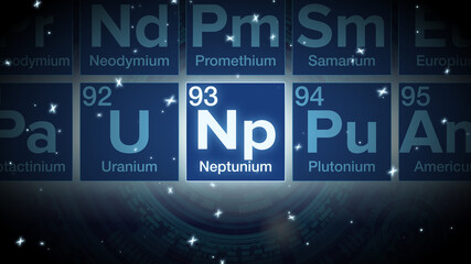 Close up of the Neptunium symbol in the periodic table, tech space environment.
