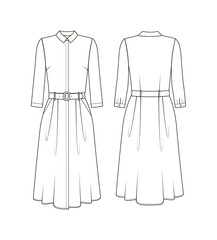 Fashion technical drawing of dress with flared skirt and belt