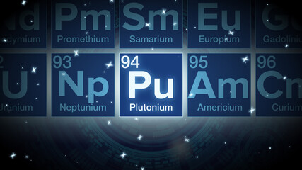 Close up of the Plutonium symbol in the periodic table, tech space environment.