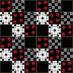 Seamless pattern in dark colors with stars stripes and checkered grunge