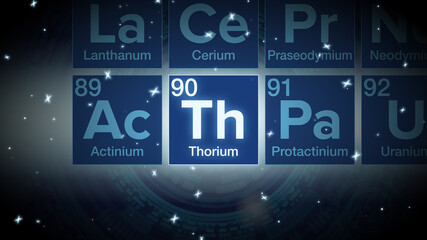 Close up of the Thorium symbol in the periodic table, tech space environment. © Torpix