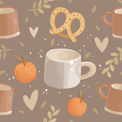 Rustic ceramic cups on a dark background. Apple and pretzel, twigs, leaves, and abstract dots. Vector illustration in a hand-drawn style. Cute seamless pattern for a coffee shop. Fabric design, print.