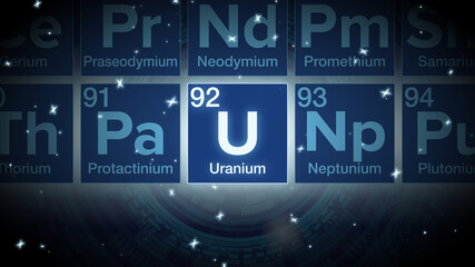 Close up of the Uranium symbol in the periodic table, tech space environment.