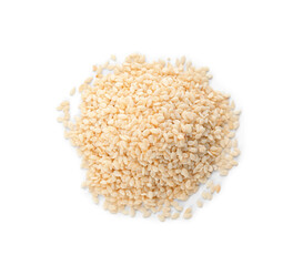 Pile of sesame seeds on white background, top view