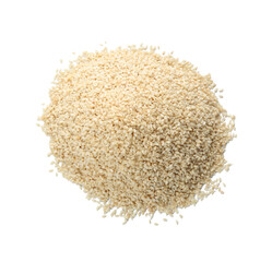Pile of sesame seeds on white background, top view