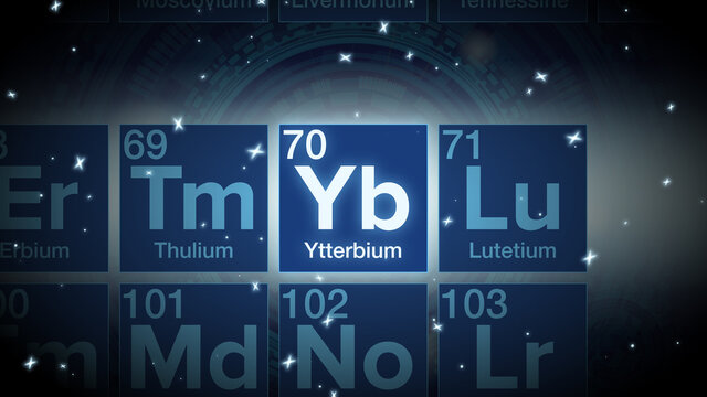 Close up of the Ytterbium symbol in the periodic table, tech space environment.