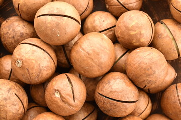 Several ripe brown macadamia nuts, close-up.