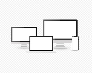 Realistic device Responsive Screen  mockup.  PC, laptop, smartphone screens. Realistic media gadgets with transparent screen for presentation. Vector illustration