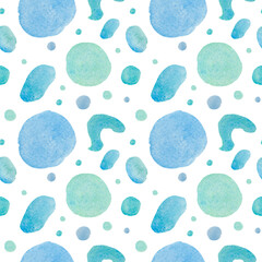Watercolor seamless pattern with abstract shapes on white isolated background.Space blue and green print with hand painted textures.Designs for textiles,wallpaper,wrapping paper,fabric,social media.