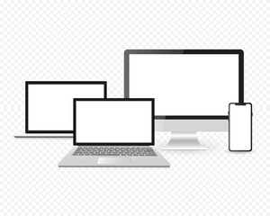 Responsive Screen device mockup.  PC, laptop, smartphone screens. Realistic media gadgets with transparent screen for presentation. Vector illustration