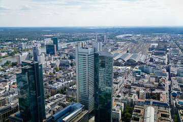 Panorama with modern skyscrapers, aerial view from a height of 200 meters, observation point at the main tower, city center at sunny summer day, cityscape, Frankfurt am Main, Germany