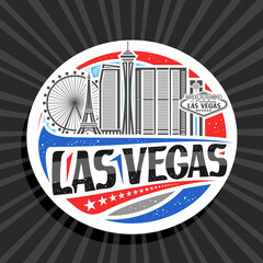 Vector logo for Las Vegas, white decorative badge with outline illustration of famous city scape on day sky background, art design tourist fridge magnet with unique lettering for black words las vegas © mihmihmal