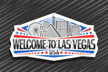 Vector logo for Las Vegas, white decorative badge with illustration of american city scape on day sky background, art design fridge magnet with unique lettering for black words welcome to las vegas. © mihmihmal