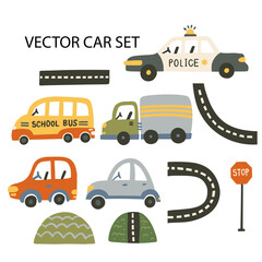 Car vector illustration of a school bus, police car and truck for baby boy shirt and room designs. Cute vehicle on a road travel poster. Kid auto card.