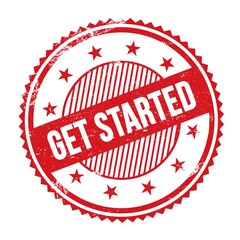 GET STARTED text written on red grungy round stamp.