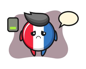 France flag badge mascot character doing a tired gesture