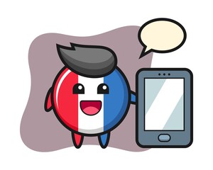 France flag badge illustration cartoon holding a smartphone