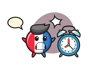 Cartoon illustration of france flag badge is surprised with a giant alarm clock