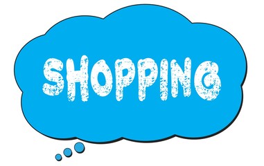 SHOPPING text written on a blue thought bubble.