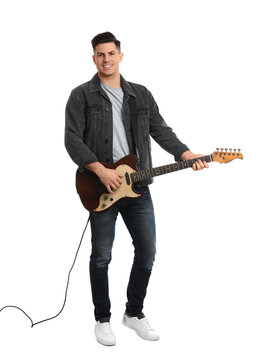 Man With Electric Guitar On White Background. Music Teacher