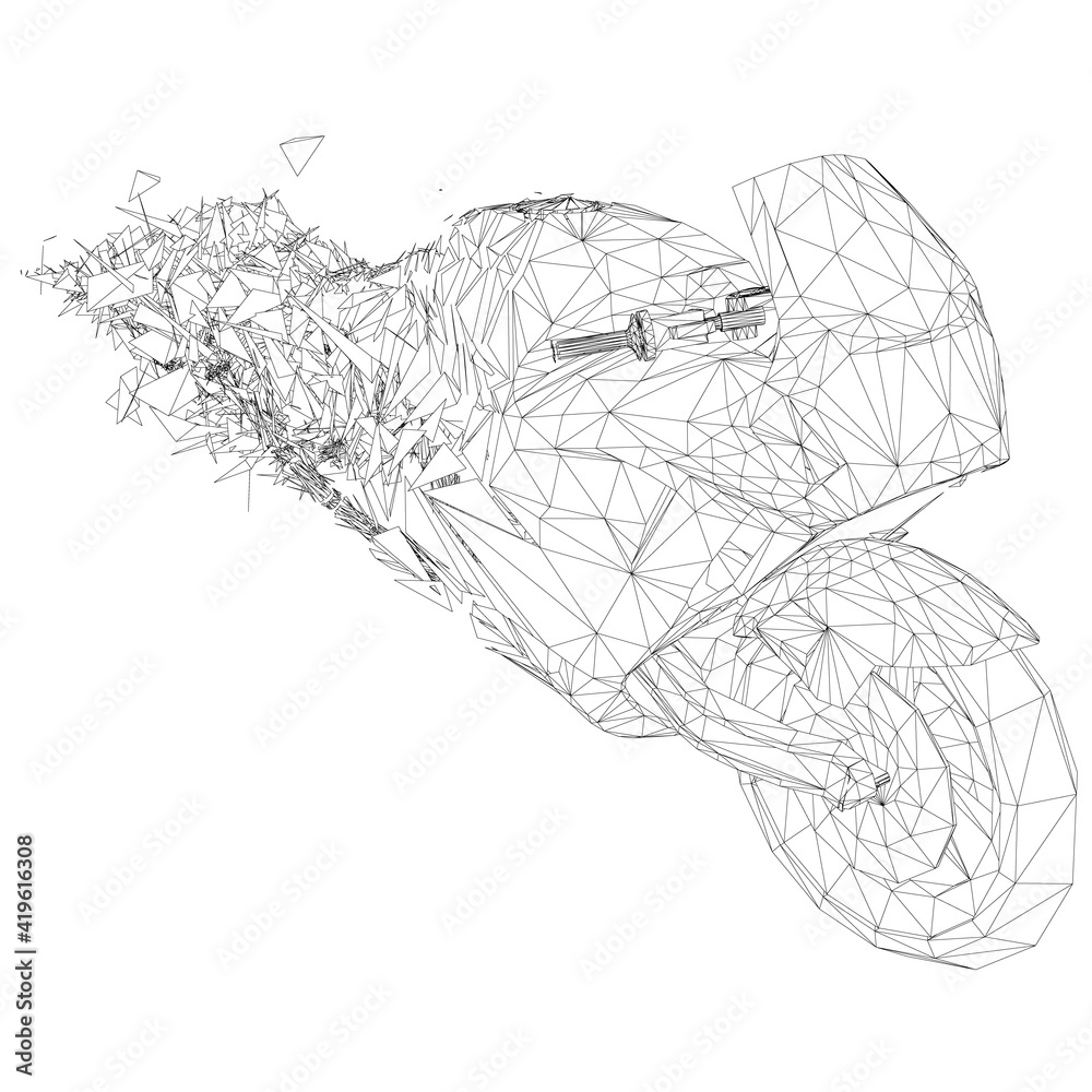 Wall mural Wireframe of the motorcycle is crumbling into small fragments. Perspective view. 3D. Vector illustration