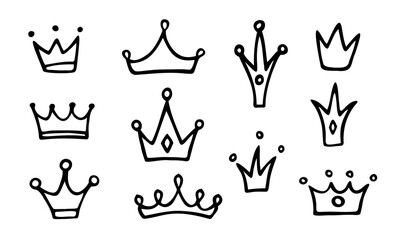 Vector set of different crowns and tiaras. Hand drawn, doodle elements isolated on white background.