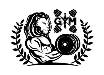 Gym icon with lion on white background.