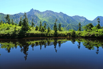 Obraz na płótnie Canvas 北アルプス　鏡平池前から槍ヶ岳や穂高を望む絶景スポット