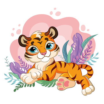 Vector illustration cartoon tiger with romantic plants