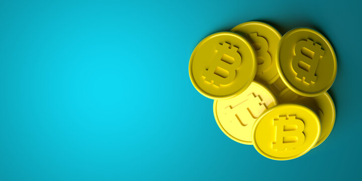 International electronic stock markets, financial banking concept: Many 3D render yellow bitcoin casino chips on blue background. Gambling with crypto currency investments winning in value.