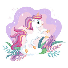 Cute cartoon unicorn with magic plants vector illustration