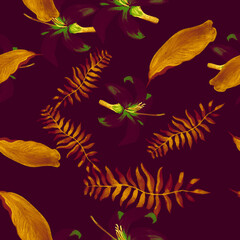 Fototapeta na wymiar Lavender Pattern Illustration. Purple Tropical Foliage. Violet Seamless Painting. Yellow Flower Design. Autumn Summer Foliage. Golden Decoration Hibiscus. Drawing Leaf.